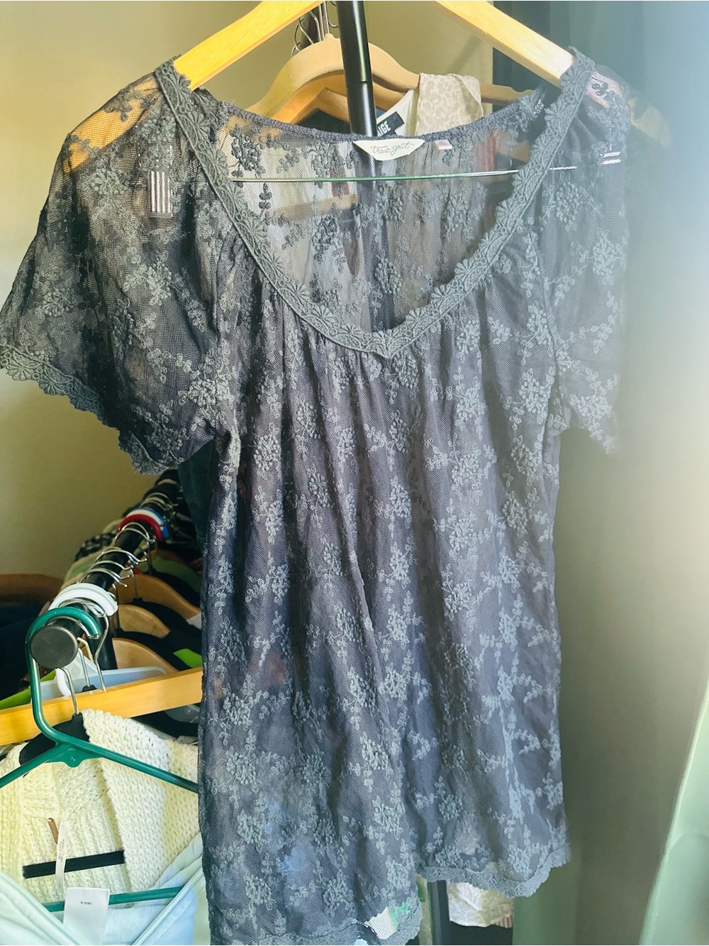 Free People Charcoal Gray Lace Overlay Top